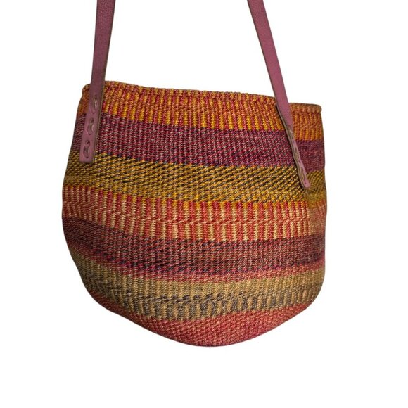 Vintage Woven Sisal Market Basket Tote Bag Leather Drawstring Closure Raffia - Picture 4 of 16